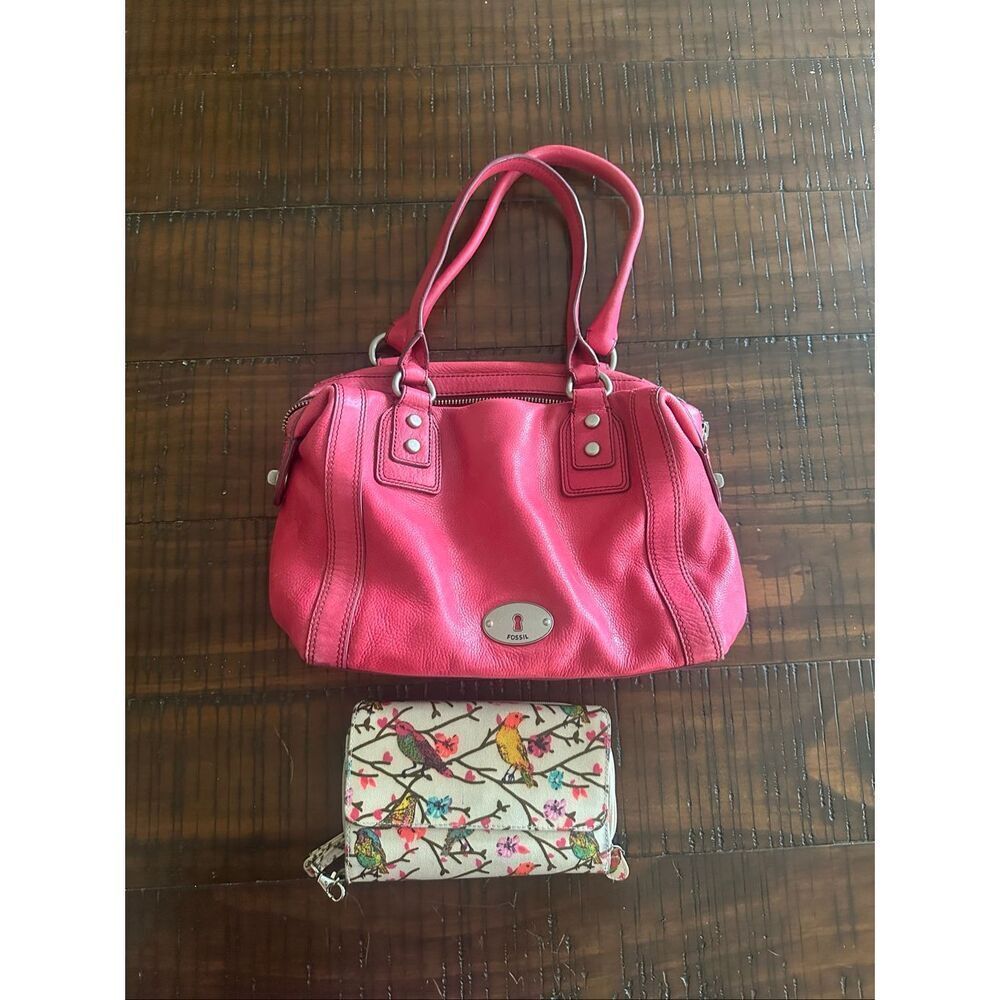 Vintage fossil pink leather satchel tote wallet birds Marlow